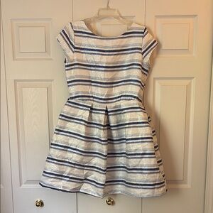Closet Sparkly White and Blue Fit and Flare Dress Cap Sleeve Crew Neck